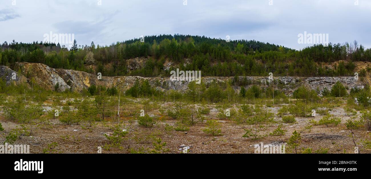 Vue panoramique sur les rochers, la carrière avec l'arbre. Sanctuaire de la nature Vyri vrch, République tchèque Banque D'Images