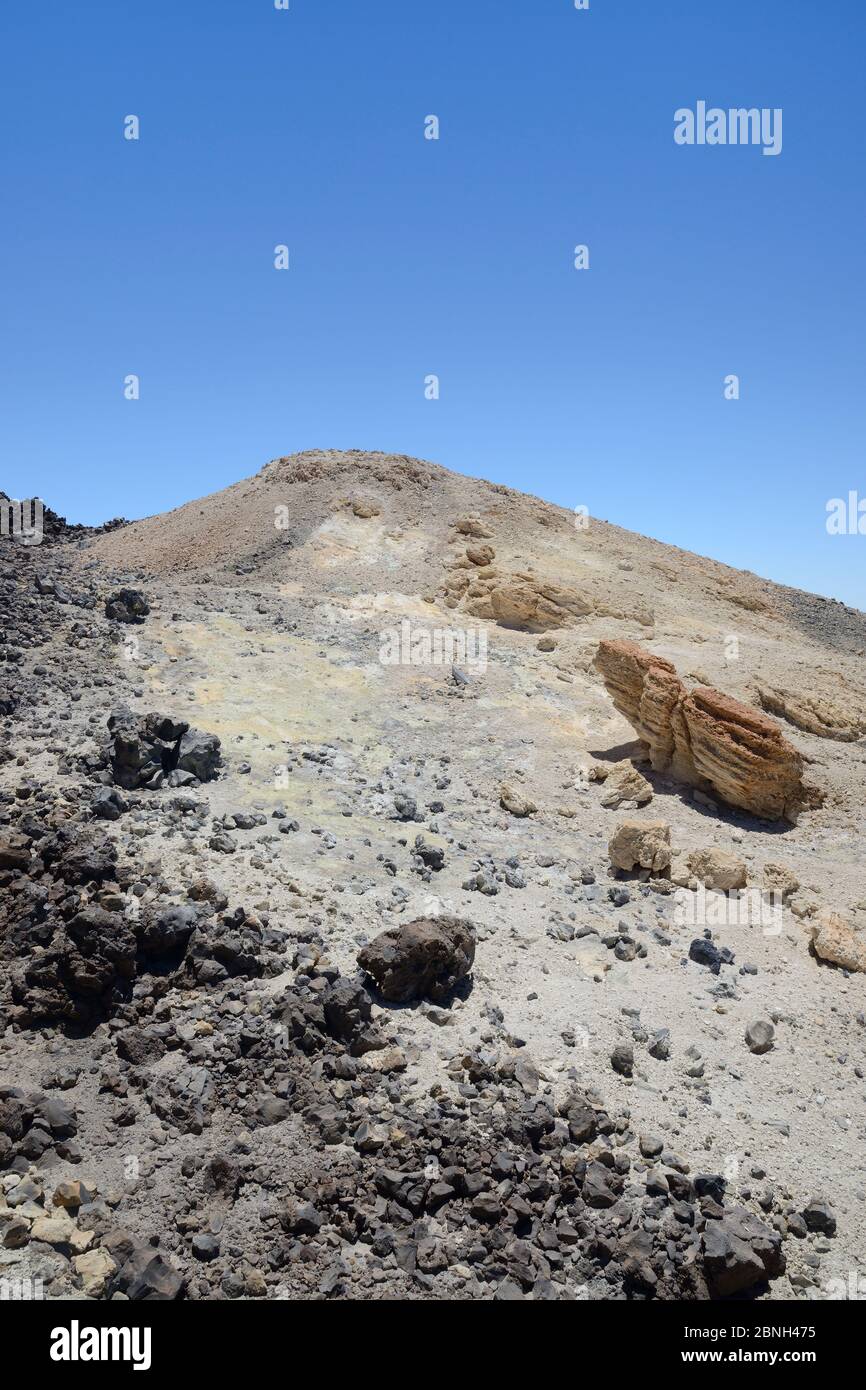 Champ de fumarale près du sommet du volcan du Mont Teide, avec des dépôts de lave et de pierre ponmique tachés jaune par des émissions de gaz sulfureux, Ténérife, mai. Banque D'Images