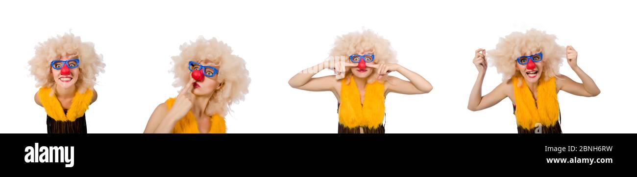 La drôle de clown femme isolée sur le blanc Banque D'Images