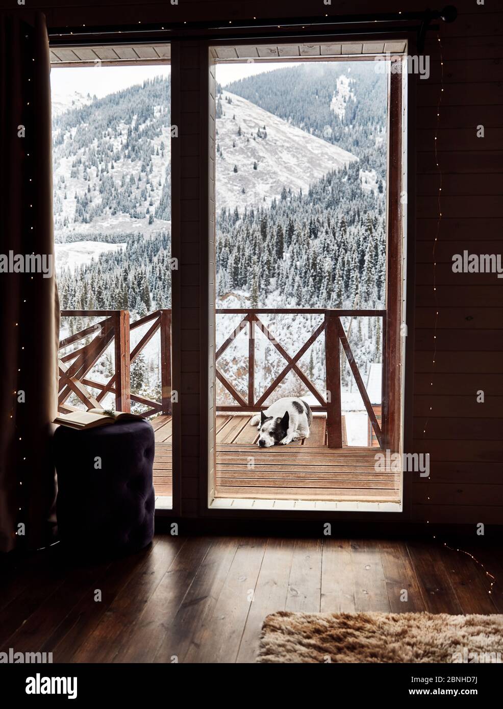 Un chien mignon dormait dans une maison en bois dans la station de montagne en hiver Banque D'Images