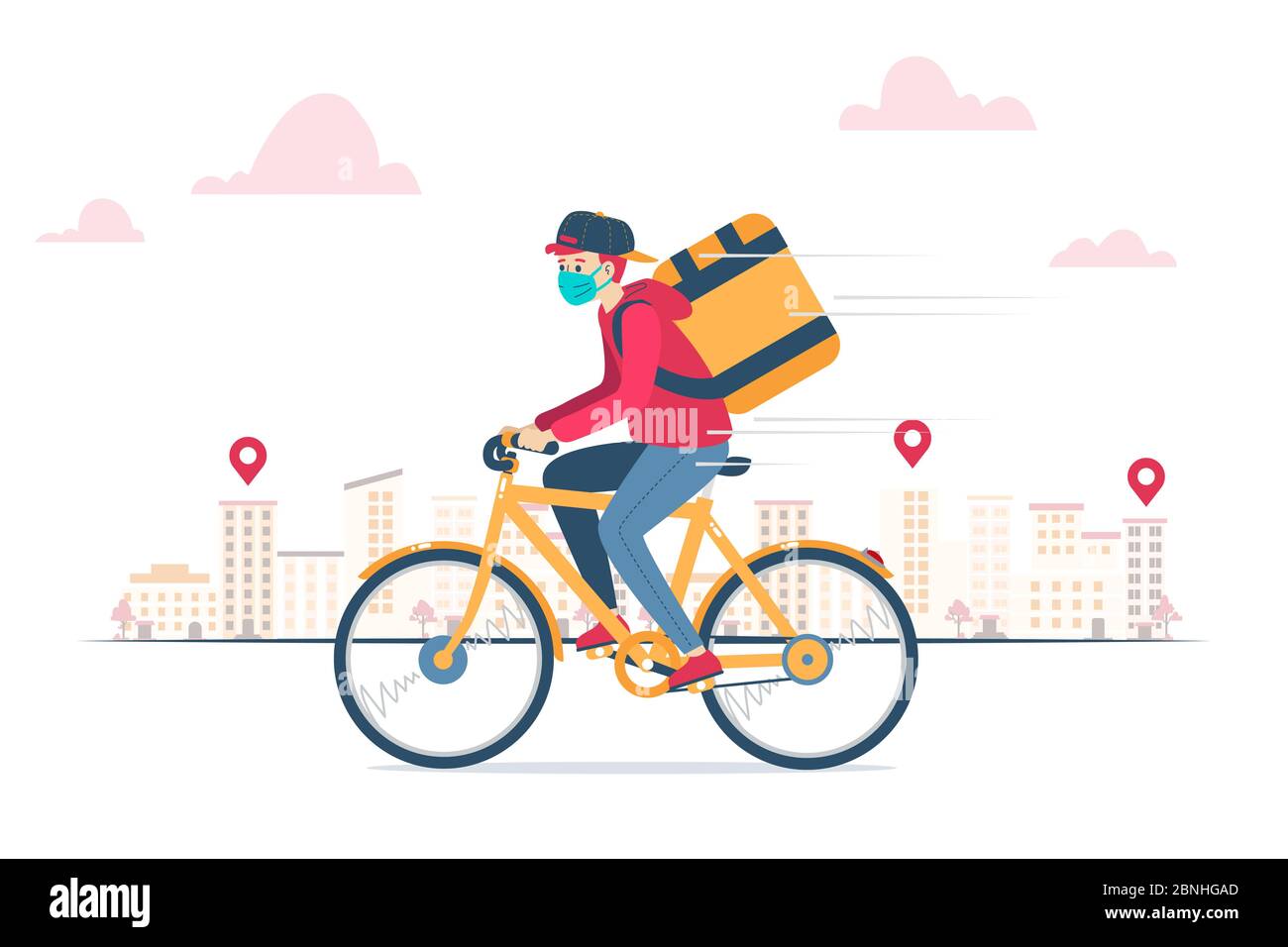 Illustration vectorielle d'un courrier de livraison, portant un masque en raison du coronavirus, livrant une commande sur un vélo Banque D'Images