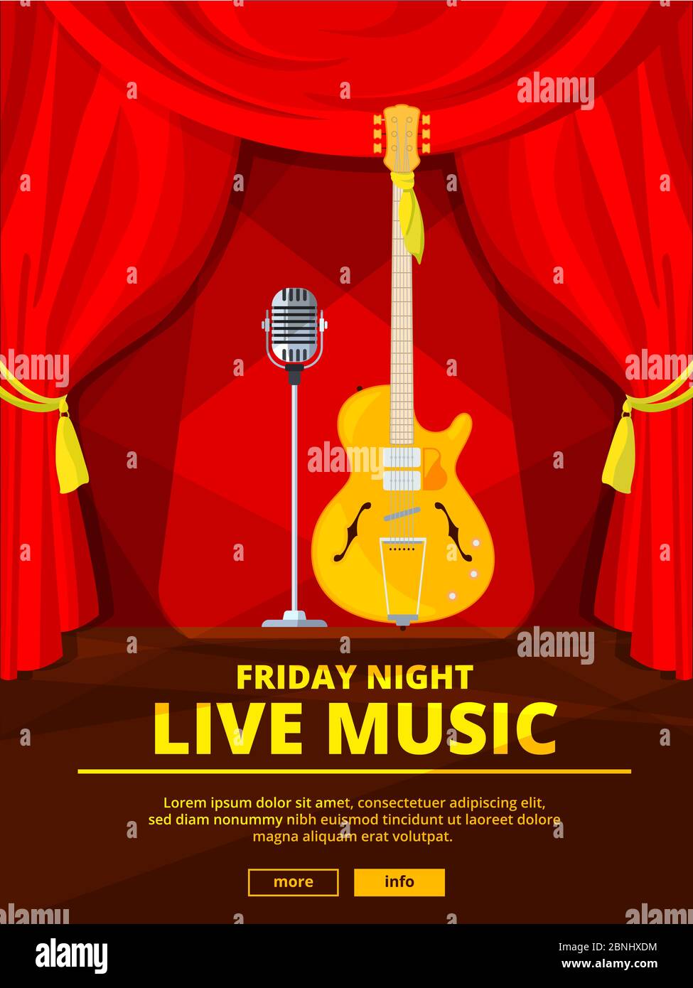 Invitation à poster lors d'un concert de musique live. Image vectorielle du microphone rétro et de la guitare acoustique Illustration de Vecteur