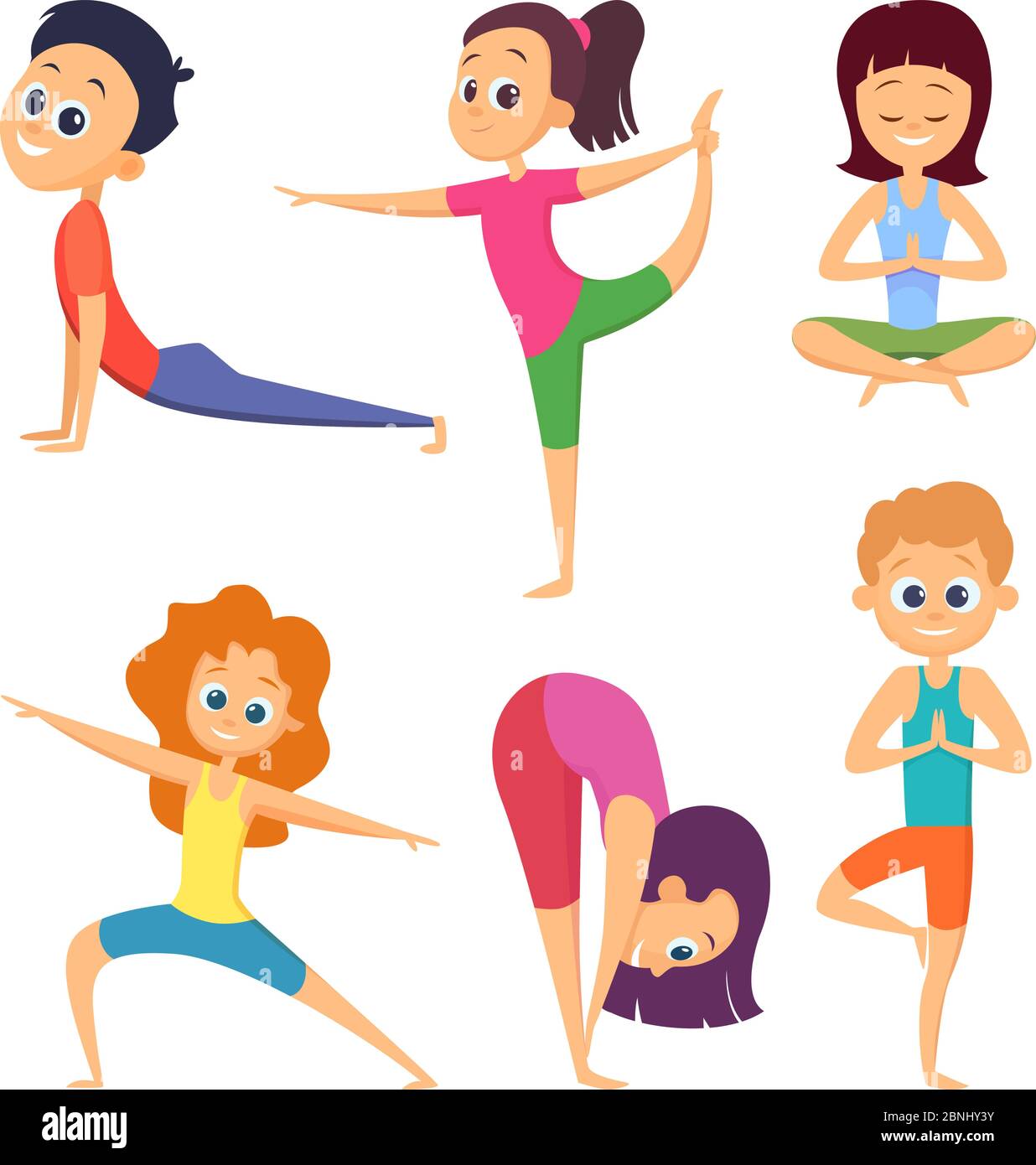 Yoga pour les enfants. Les enfants heureux font différents exercices. Jeu de caractères de dessin animé Illustration de Vecteur
