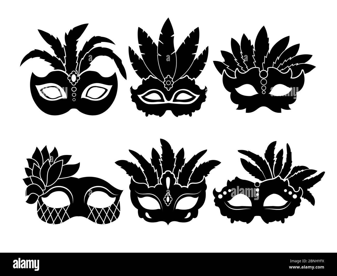 Illustrations monochromes noires de masques de carnaval isolés sur fond blanc Illustration de Vecteur