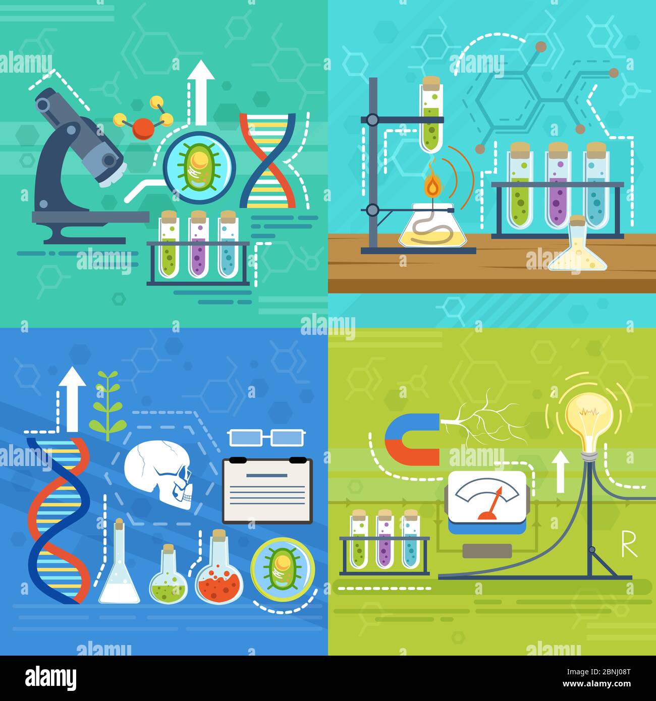 Illustrations conceptuelles de la science avec différents symboles de chimiste. Bannières vectorielles de style dessin animé Illustration de Vecteur