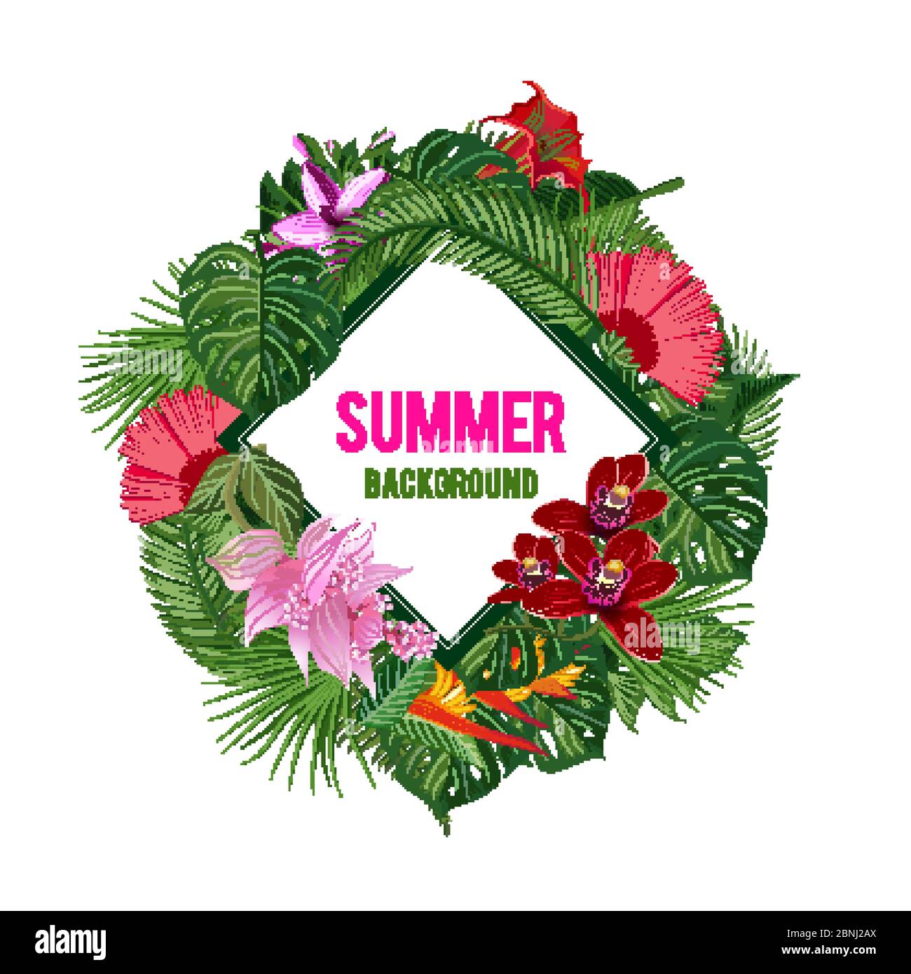 Cadre vectoriel avec place pour le texte, entouré de feuilles de palmier tropicales et de fleurs exotiques Illustration de Vecteur