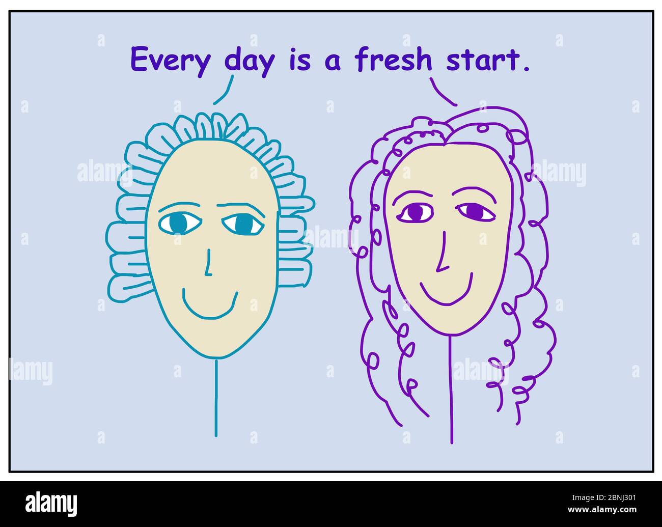 Dessin animé en couleur de deux femmes souriantes disant que chaque jour est un nouveau départ. Banque D'Images