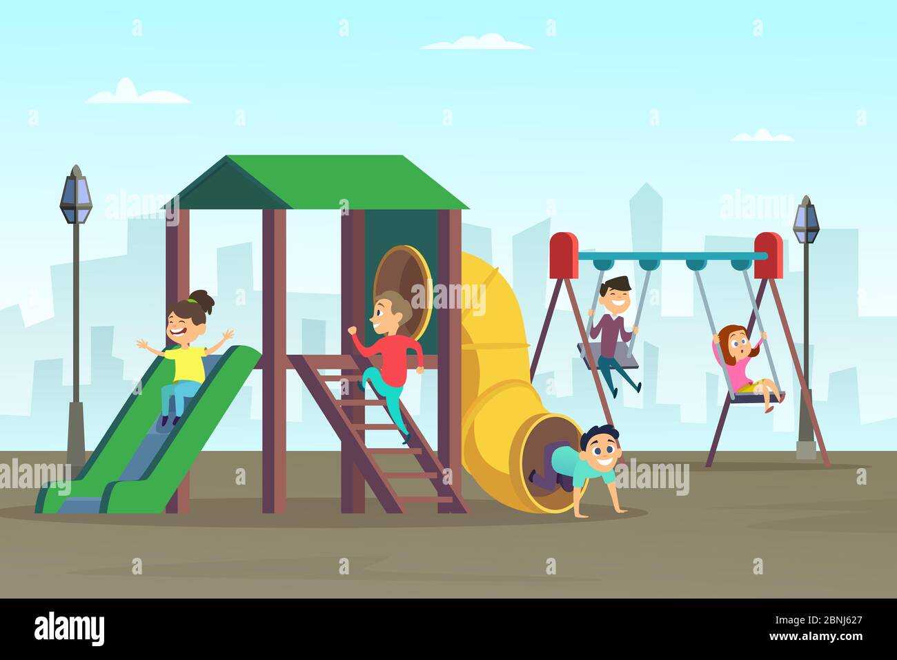 Bonne enfance. Les enfants jouent sur l'aire de jeux. Zone dans le parc public Illustration de Vecteur