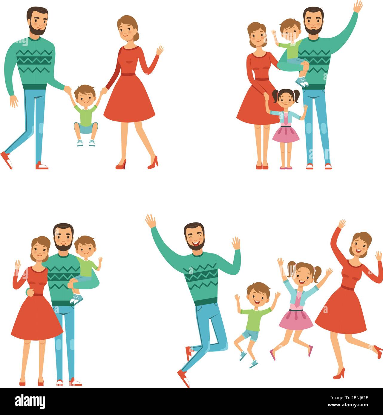 Bonne famille. Mère, père et enfants. Personnages souriants avec style vectoriel Illustration de Vecteur