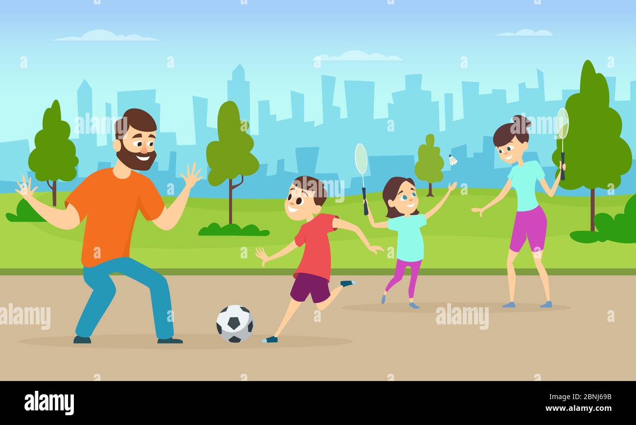 Illustrations de parents actifs jouant à des jeux sportifs dans un parc urbain. Couple familial drôle dans le style de dessin animé Illustration de Vecteur
