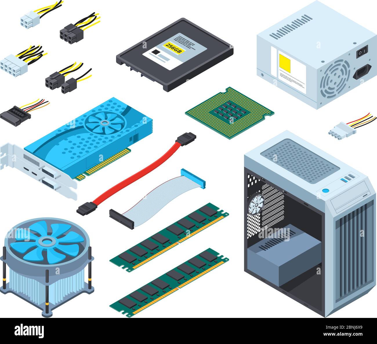Illustrations de différentes pièces électroniques et composants pour ordinateur Illustration de Vecteur