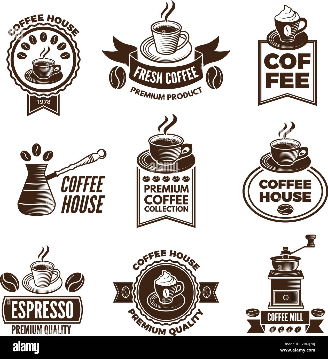 Différentes étiquettes sont définies pour le café. Photos de tasses de café et de grains de caféine Illustration de Vecteur
