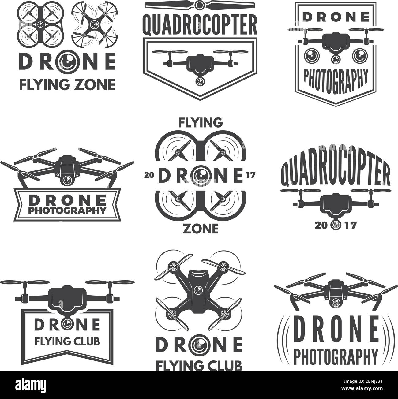 Étiquettes monochromes avec différents quadrocopters Illustration de Vecteur