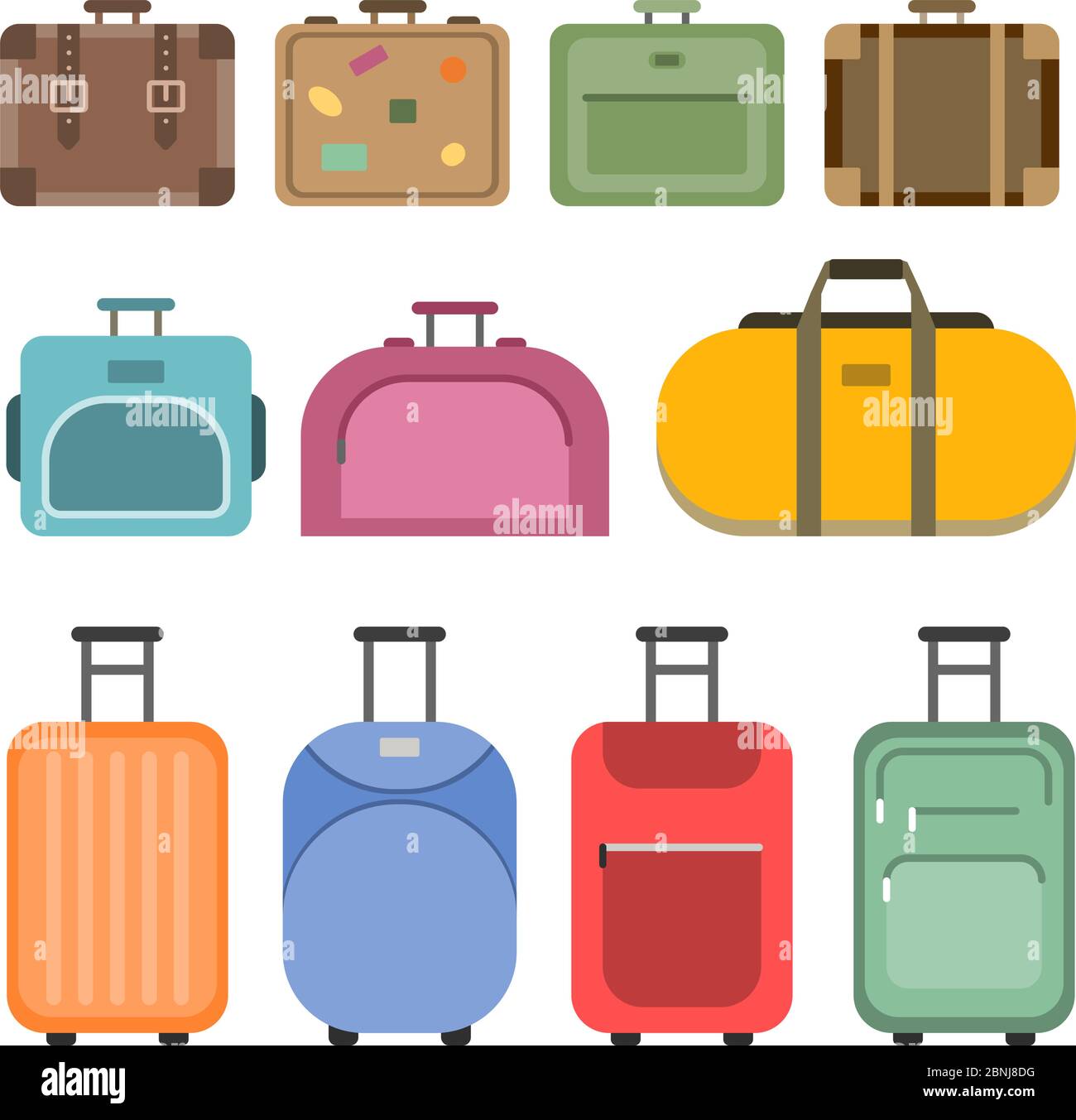 Différents sacs à poignée et valises de voyage. Photos de style plat Illustration de Vecteur