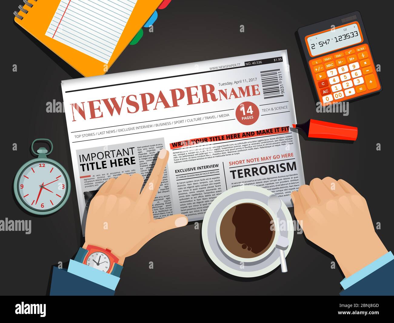 Homme d'affaires lisant le journal au petit déjeuner. Mains pointant Illustration de Vecteur