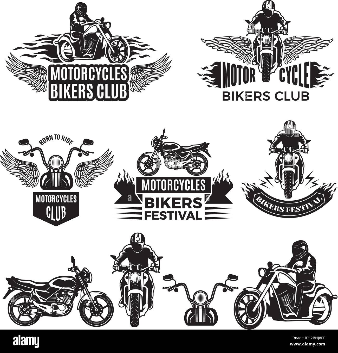 Emblèmes ou logos pour clubs de motards. Illustrations de motos et de broyeurs personnalisés Illustration de Vecteur