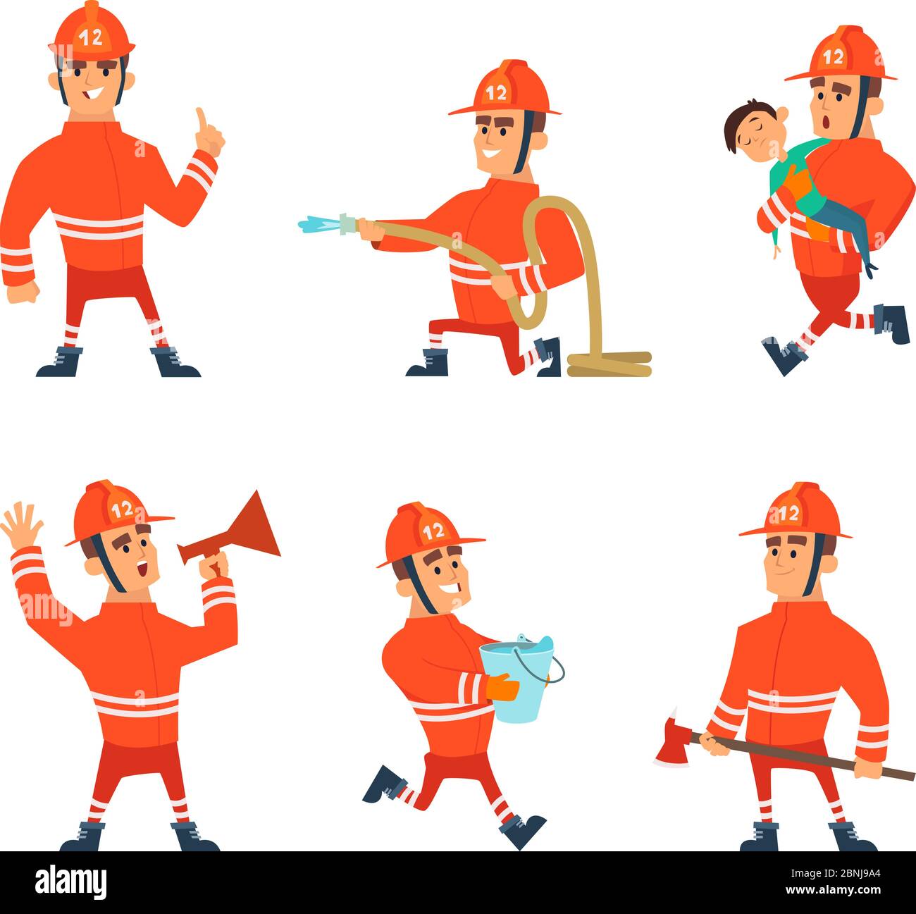 Les personnages de dessins animés des pompiers en action se posent Illustration de Vecteur