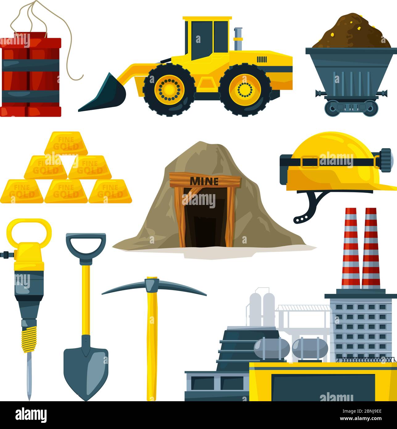 Outils vectoriels pour l'extraction de l'or et des minéraux Illustration de Vecteur