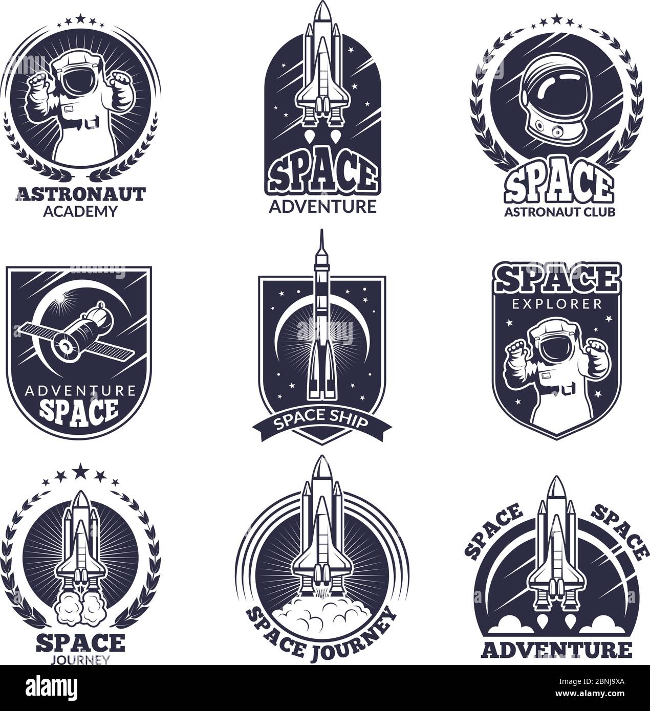 Étiquettes monochromes pour astronautes. Modèles de badges vectoriels avec emplacement pour votre texte Illustration de Vecteur