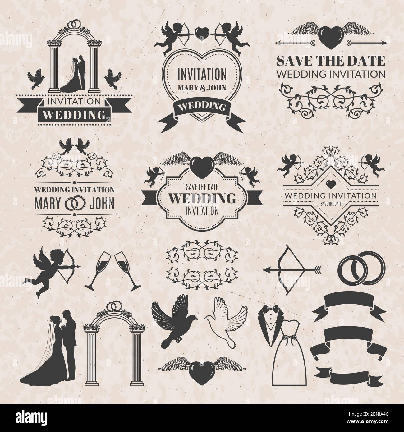 Ensemble d'étiquettes vintage pour invitation à un mariage. Jeu de badges vectoriels Illustration de Vecteur
