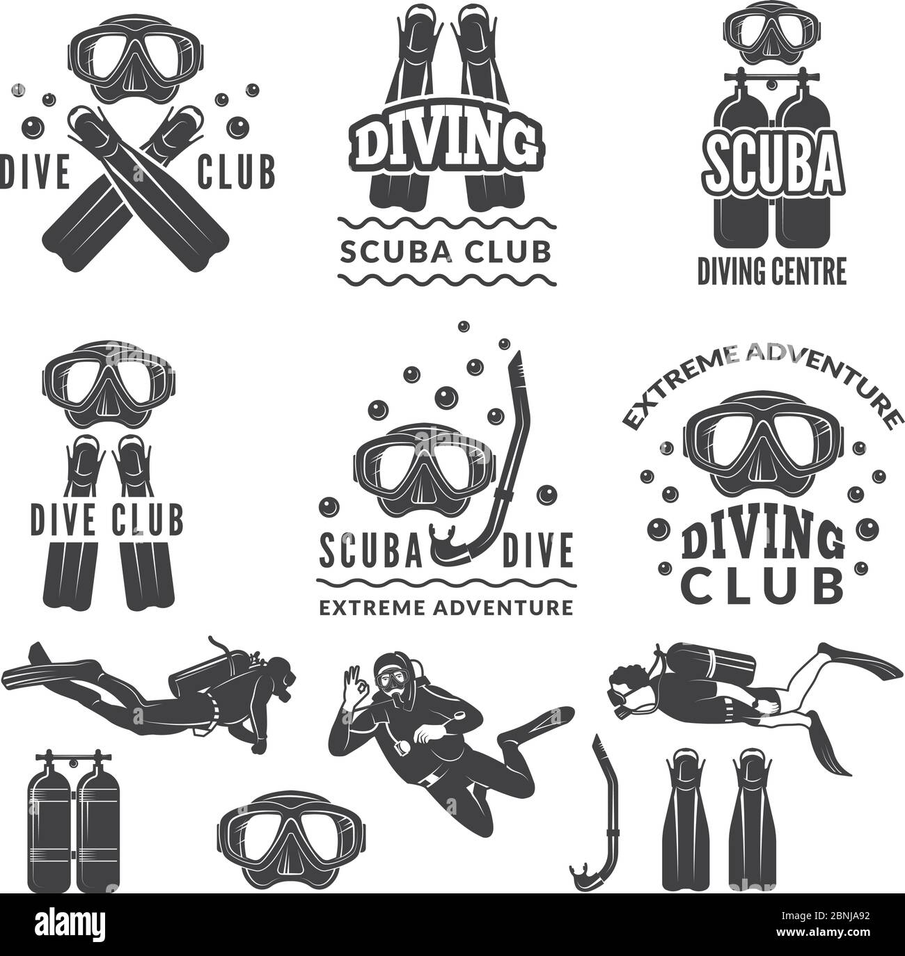 Silhouette de plongée et de plongeurs. Étiquettes pour club de sport de mer Illustration de Vecteur