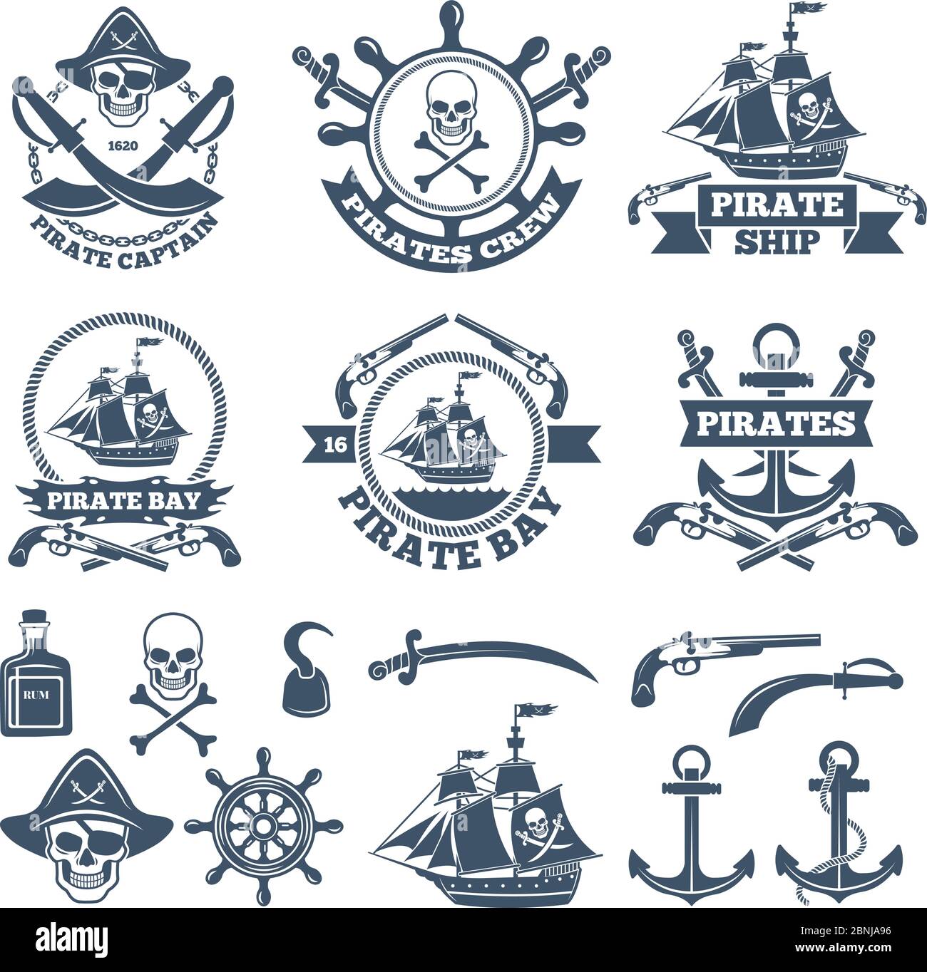 Étiquettes vintage de marine et de pirates. Logos monochromes de la mer et de la voile Illustration de Vecteur