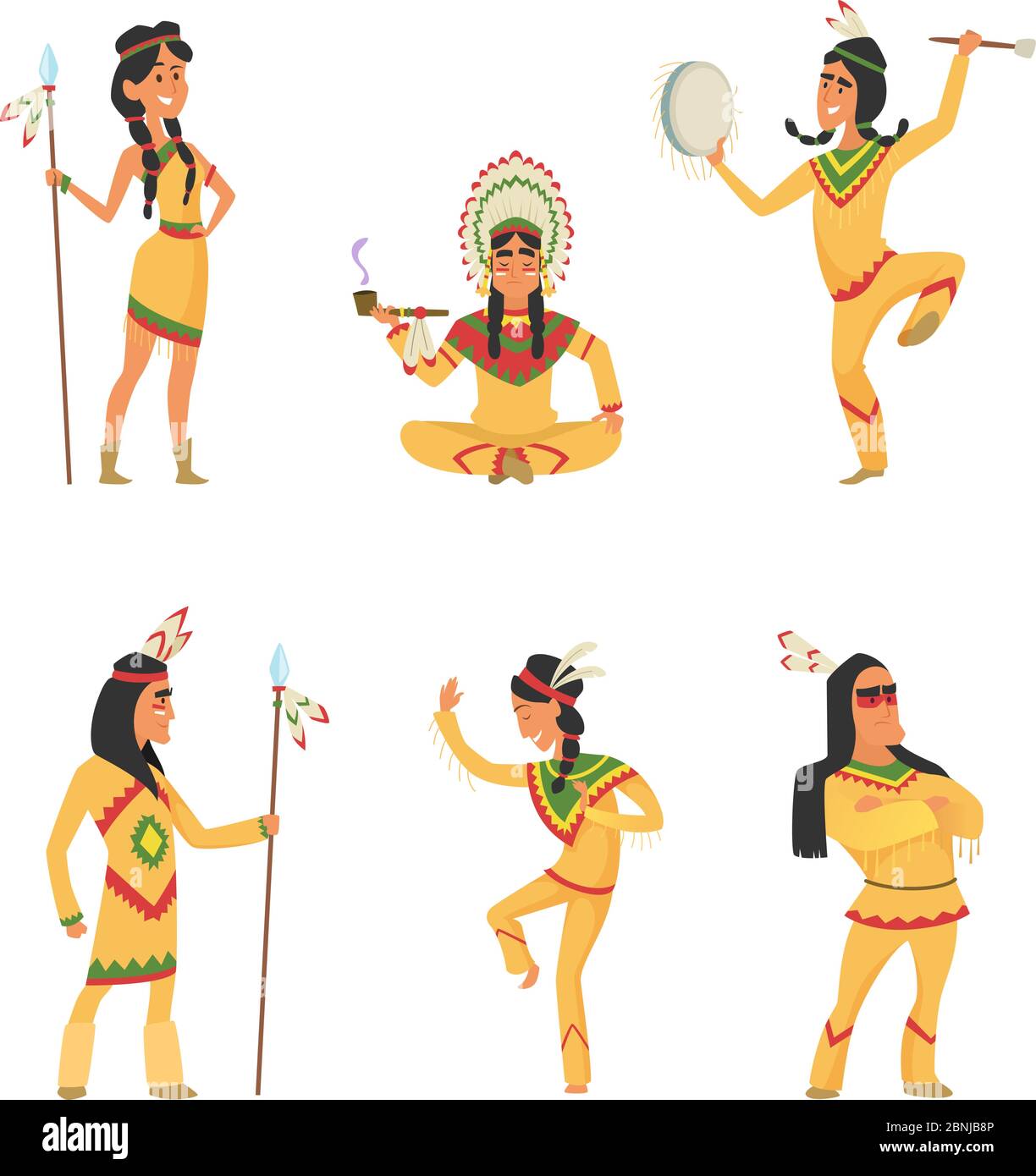 Indiens d'Amérique. Caractères de dessin animé définis dans le style vectoriel Illustration de Vecteur