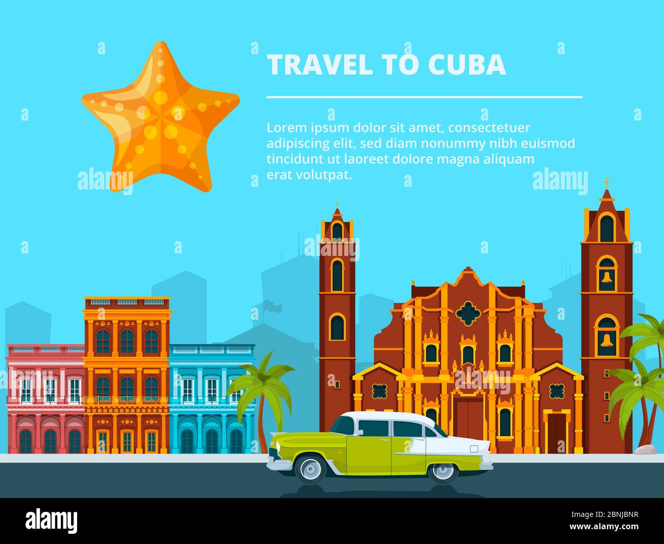 Paysage urbain de cuba. Différents symboles et repères historiques Illustration de Vecteur