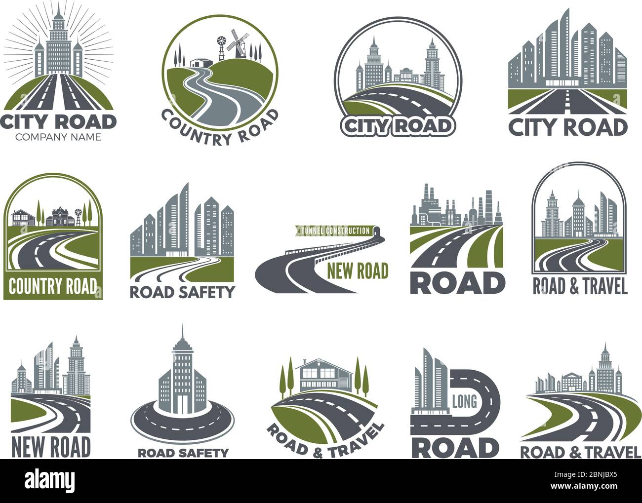 Grand modèle monochrome de logotypes avec routes asphaltées, autoroutes ou autoroutes Illustration de Vecteur