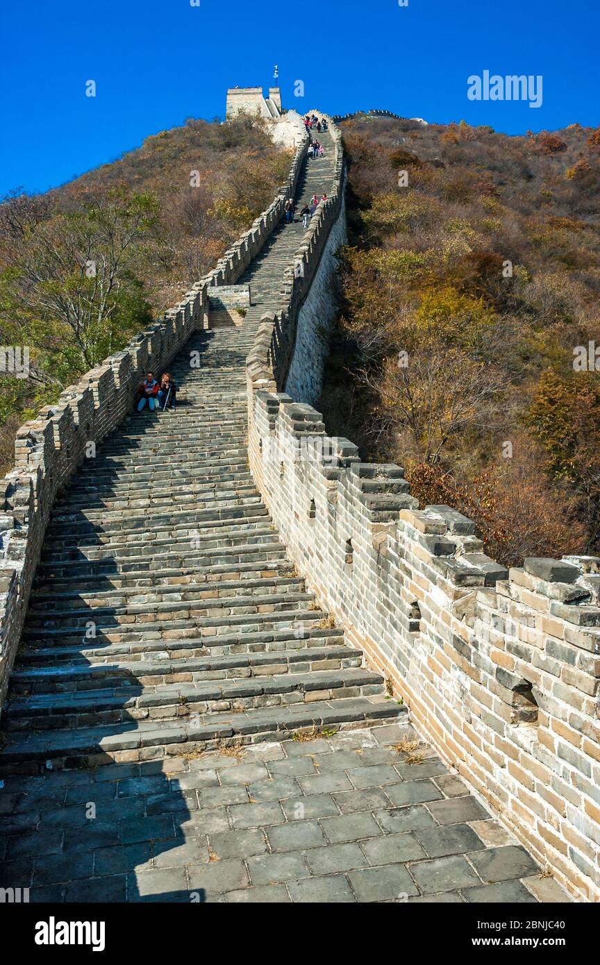 La Grande Muraille serpente son chemin à travers les collines. Section Mutianyu, Beijing, Chine. Banque D'Images