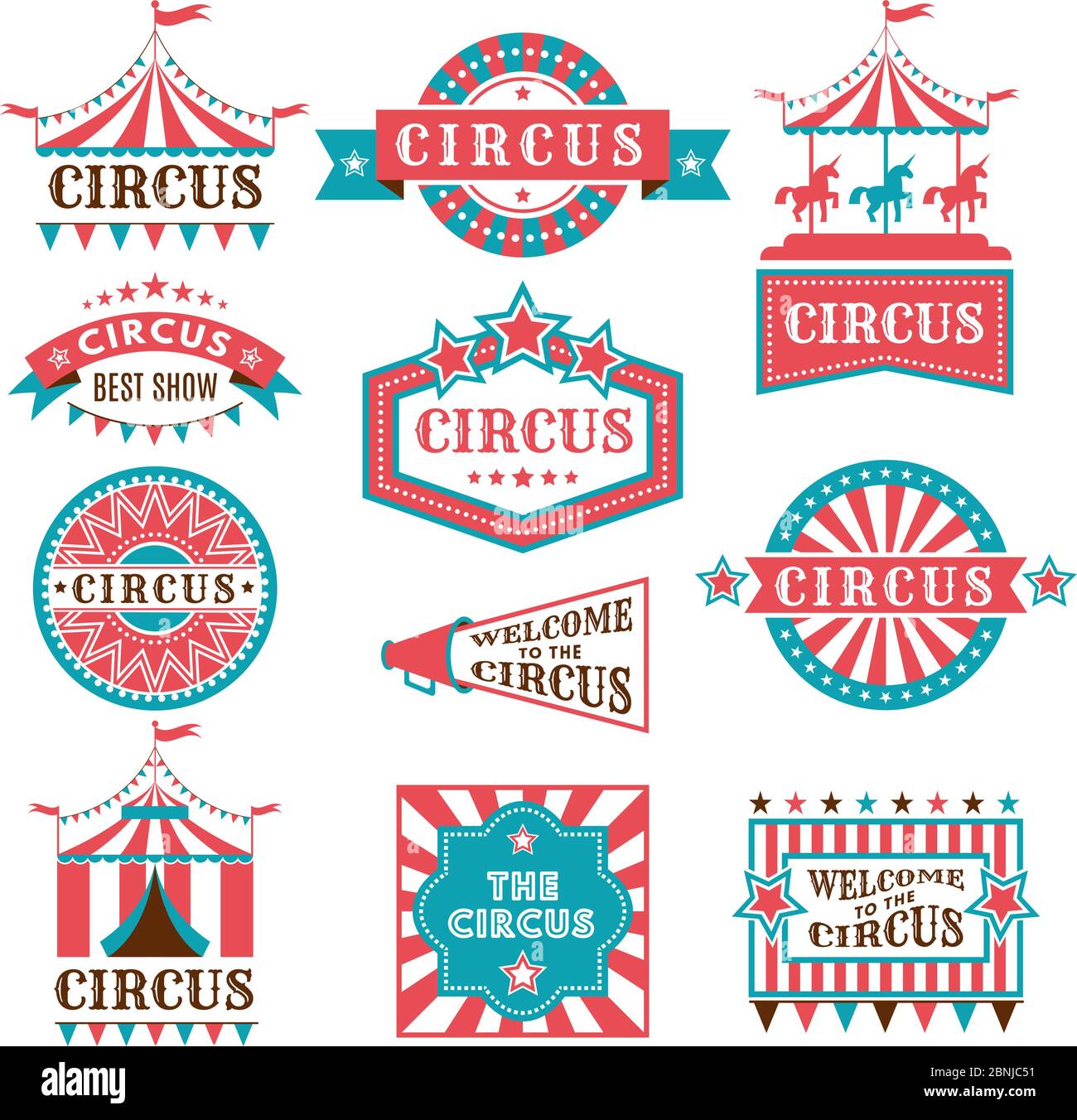 Anciens badges et étiquettes pour le carnaval et l'invitation au spectacle de cirque. Logos vectoriels monochromes Illustration de Vecteur