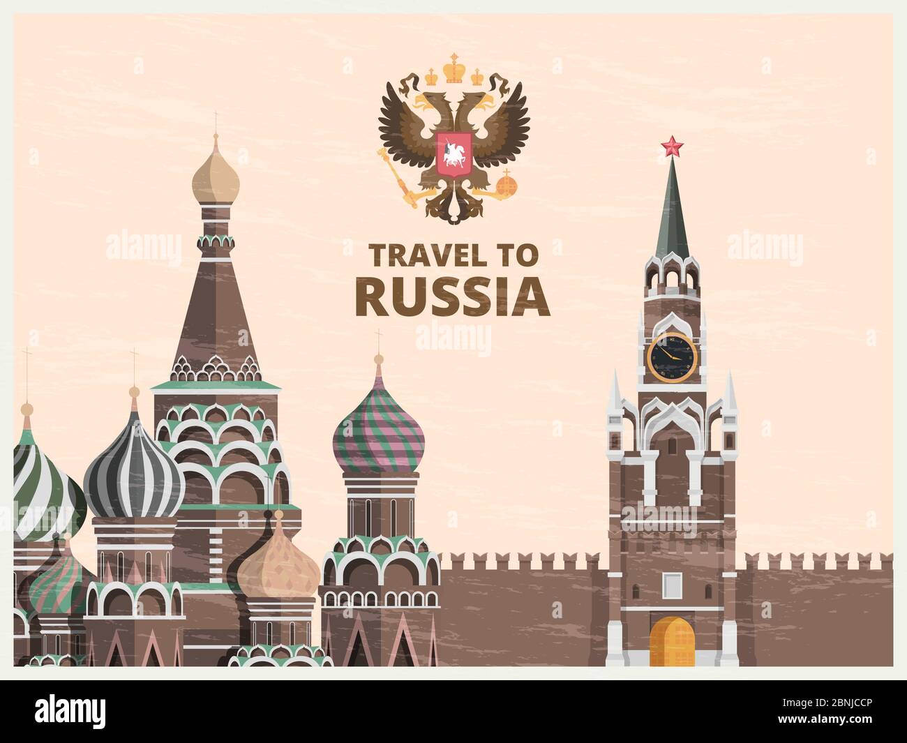 Affiche ancienne ou carte de voyage avec des illustrations des monuments culturels russes du kremlin Illustration de Vecteur