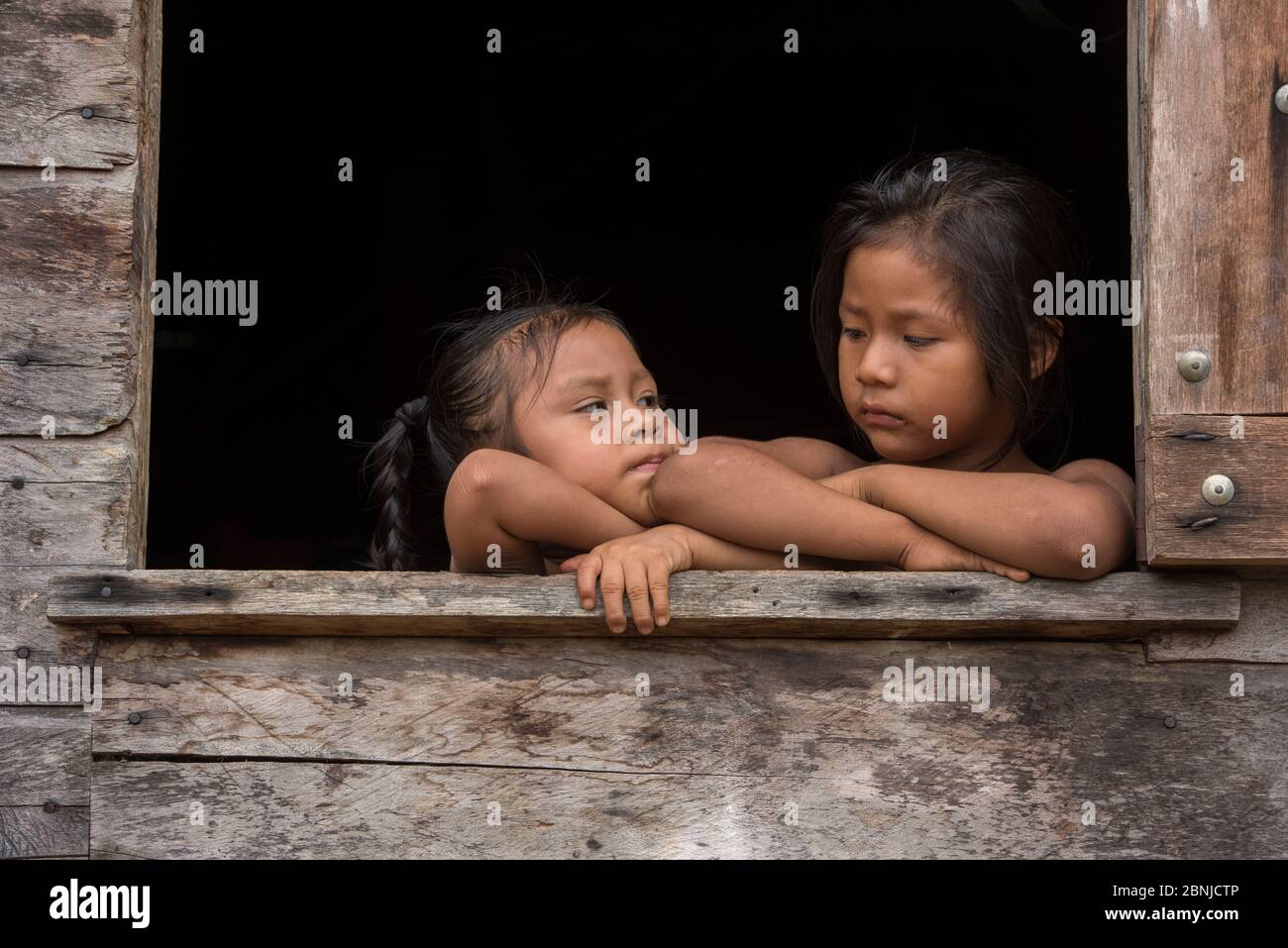 Wai Wai Children, Ina Kabi et Unika Flimina, territoire de Wai Wai, région 9, Gunns Konashen, Guyana, Amérique du Sud Banque D'Images