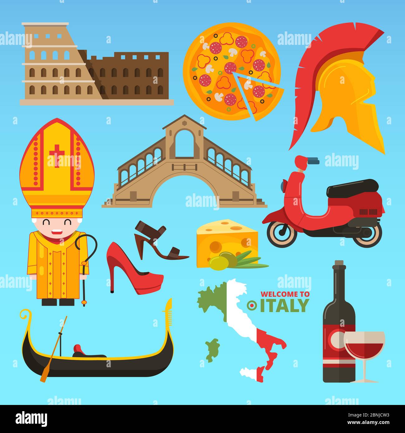 Les symboles italiens s'isolent. Images vectorielles de style plat Illustration de Vecteur
