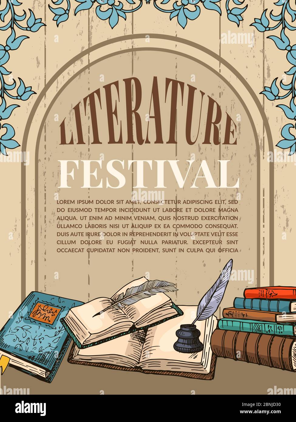 Modèle d'affiche vintage avec illustrations de livres d'écriture et d'outils pour les écrivains Illustration de Vecteur