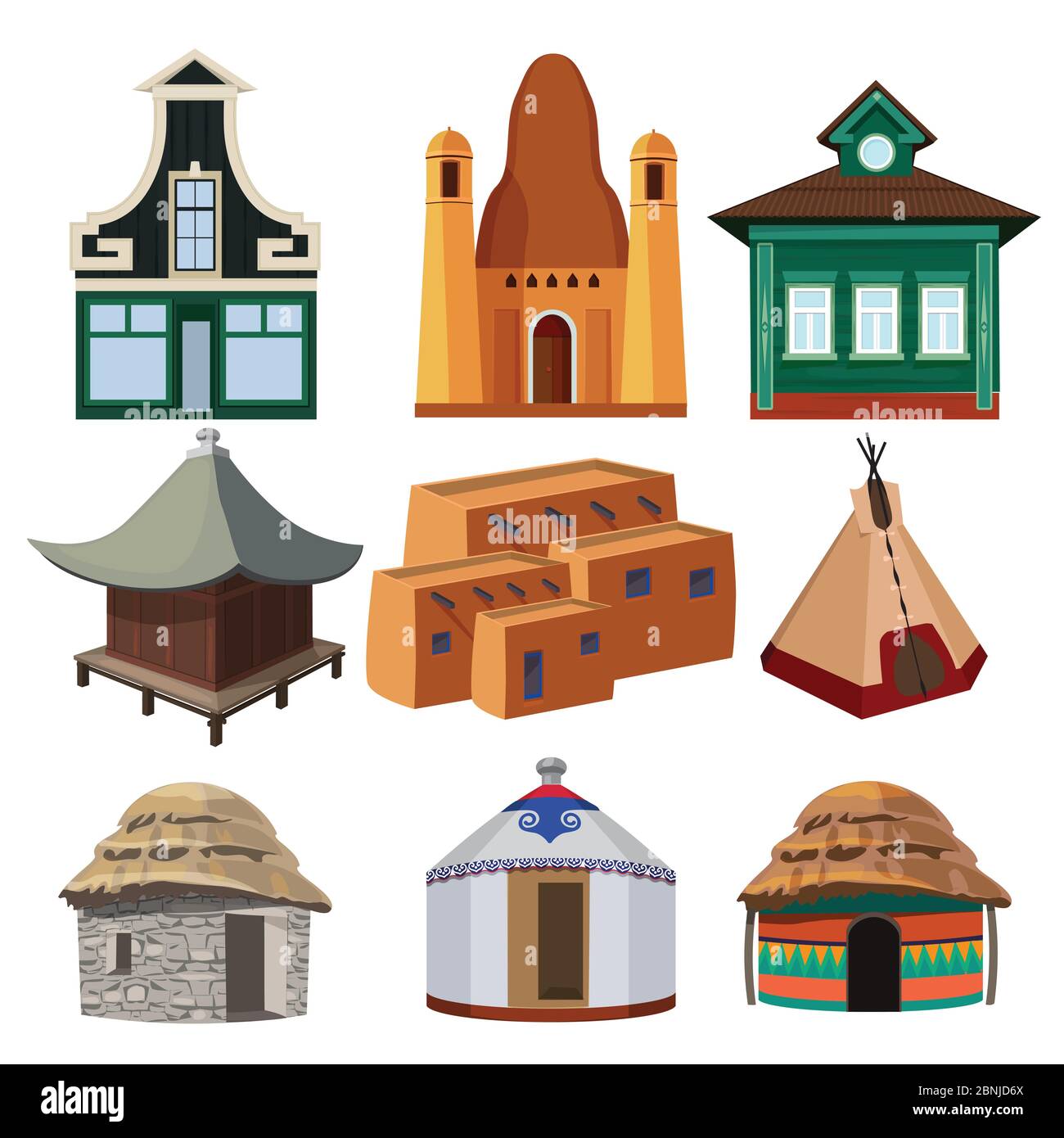 Petites maisons tribales de différentes nationalités isolées sur fond blanc Illustration de Vecteur