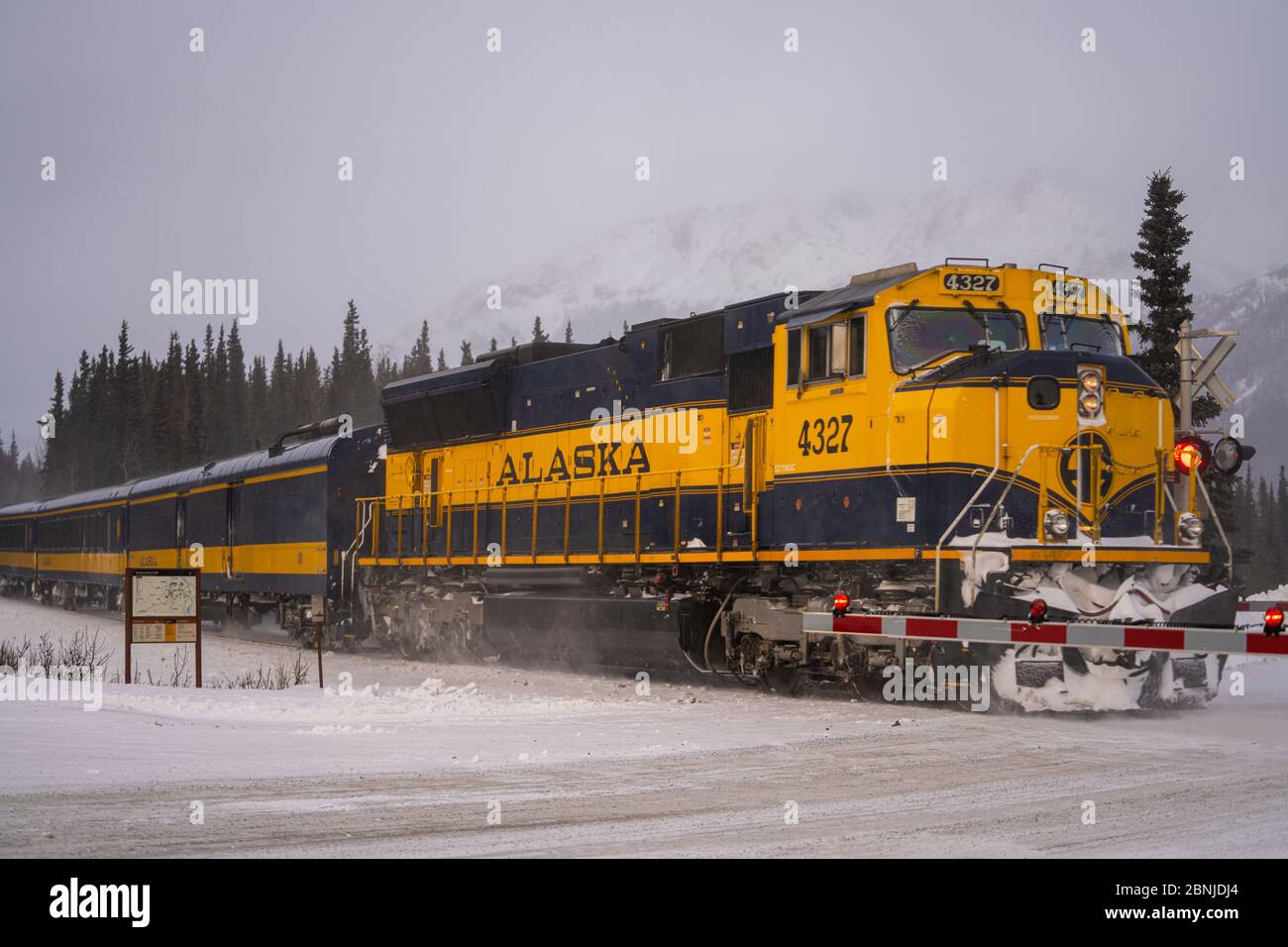 Chemin de fer d'Alaska traversant le parc national Denali en hiver, Alaska, États-Unis d'Amérique, Amérique du Nord Banque D'Images