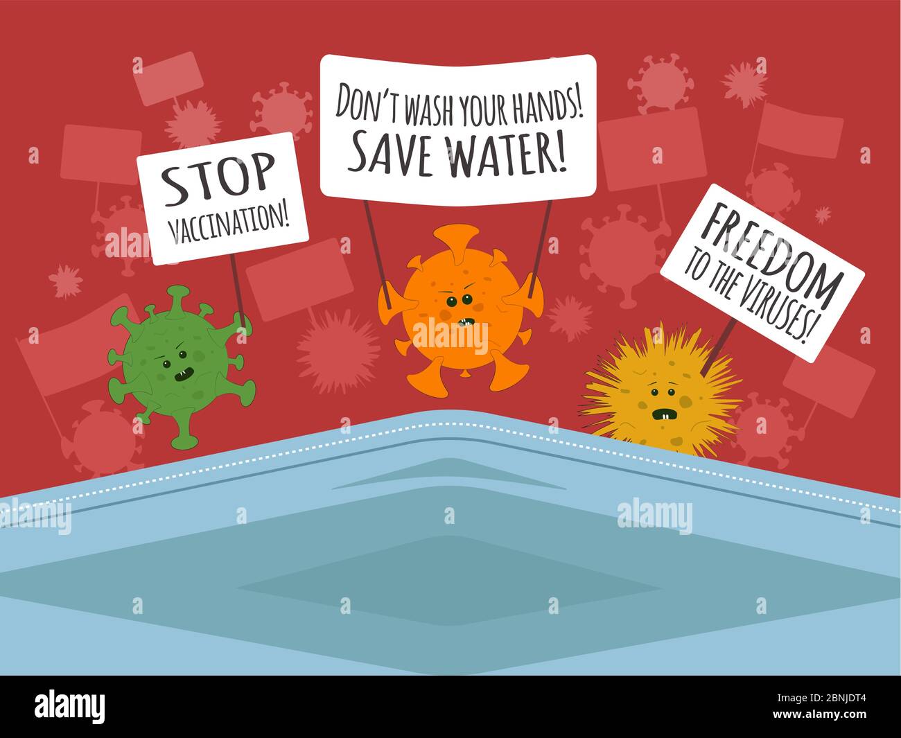 Les virus de dessin animé protestent avec des transparents devant un homme dans un masque médical. COVID-19. Coronavirus. Illustration vectorielle. Illustration de Vecteur