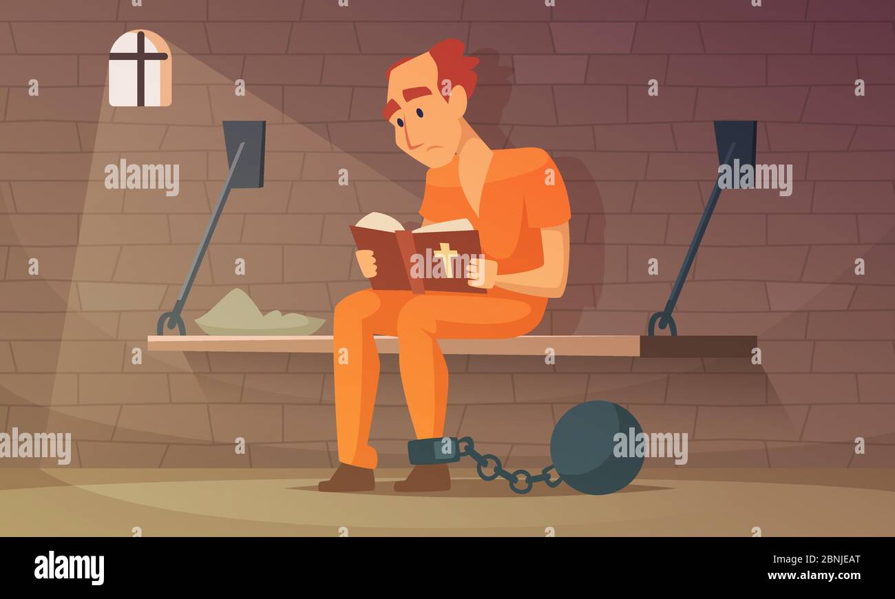 Prisonnier assis dans la cellule et lisant la bible Illustration de Vecteur