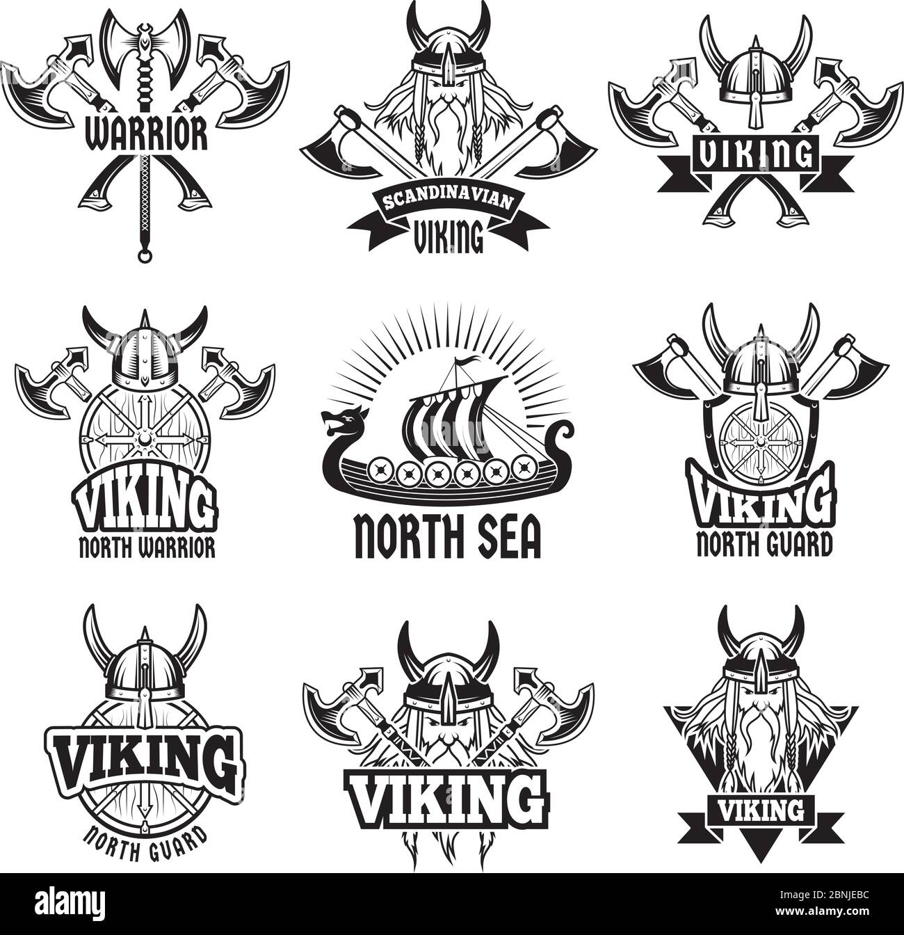 Badges et étiquettes de sport et de bataille avec vikings et guerriers barbares. Photos monochromes Illustration de Vecteur