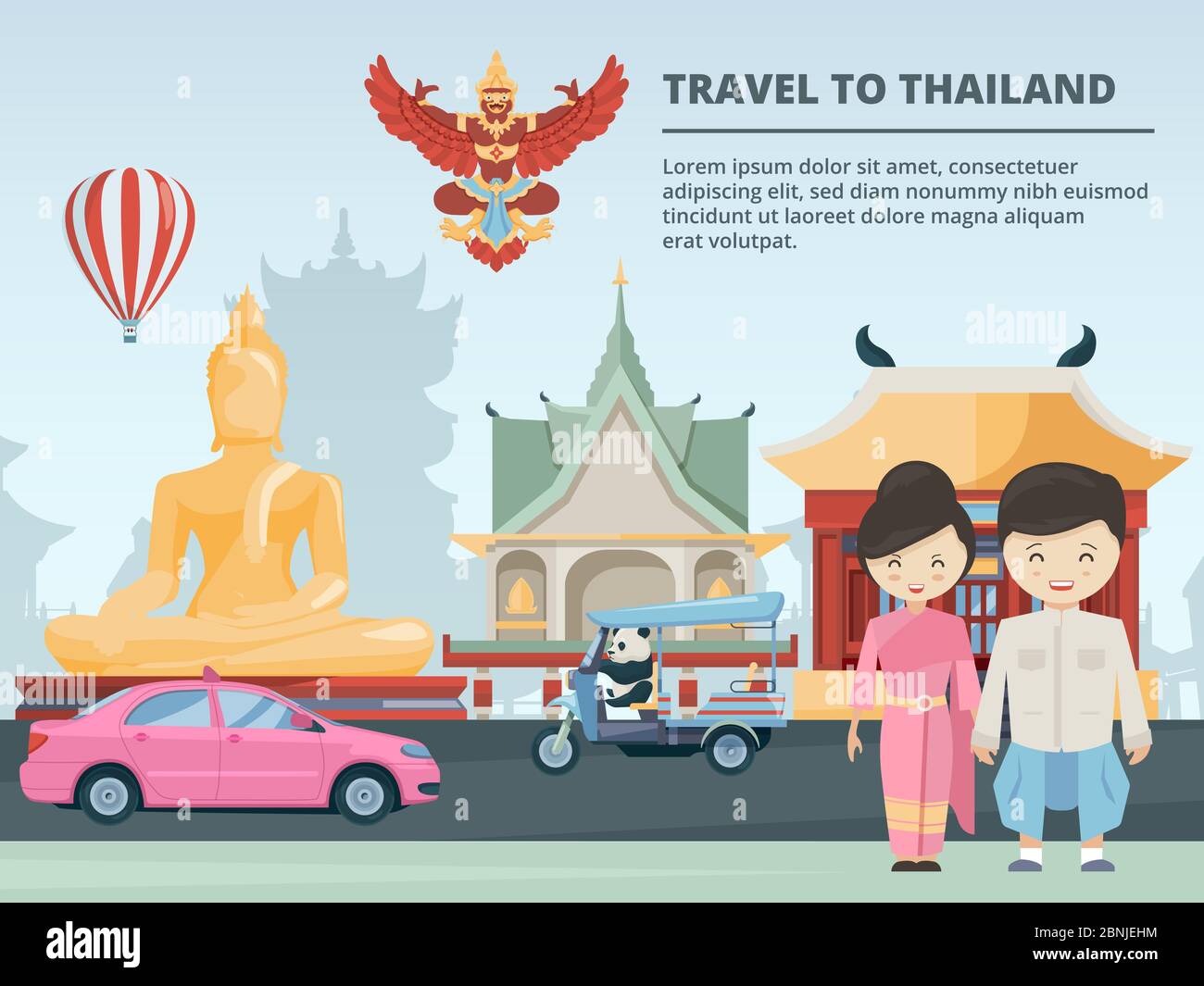 Paysage urbain avec des bâtiments et des monuments culturels de la Thaïlande Illustration de Vecteur