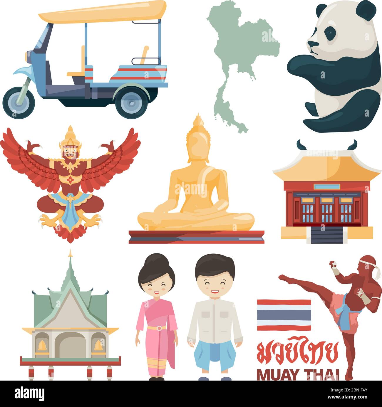 Illustrations vectorielles de monuments traditionnels de Thaïlande avec texte Muay Thai Illustration de Vecteur