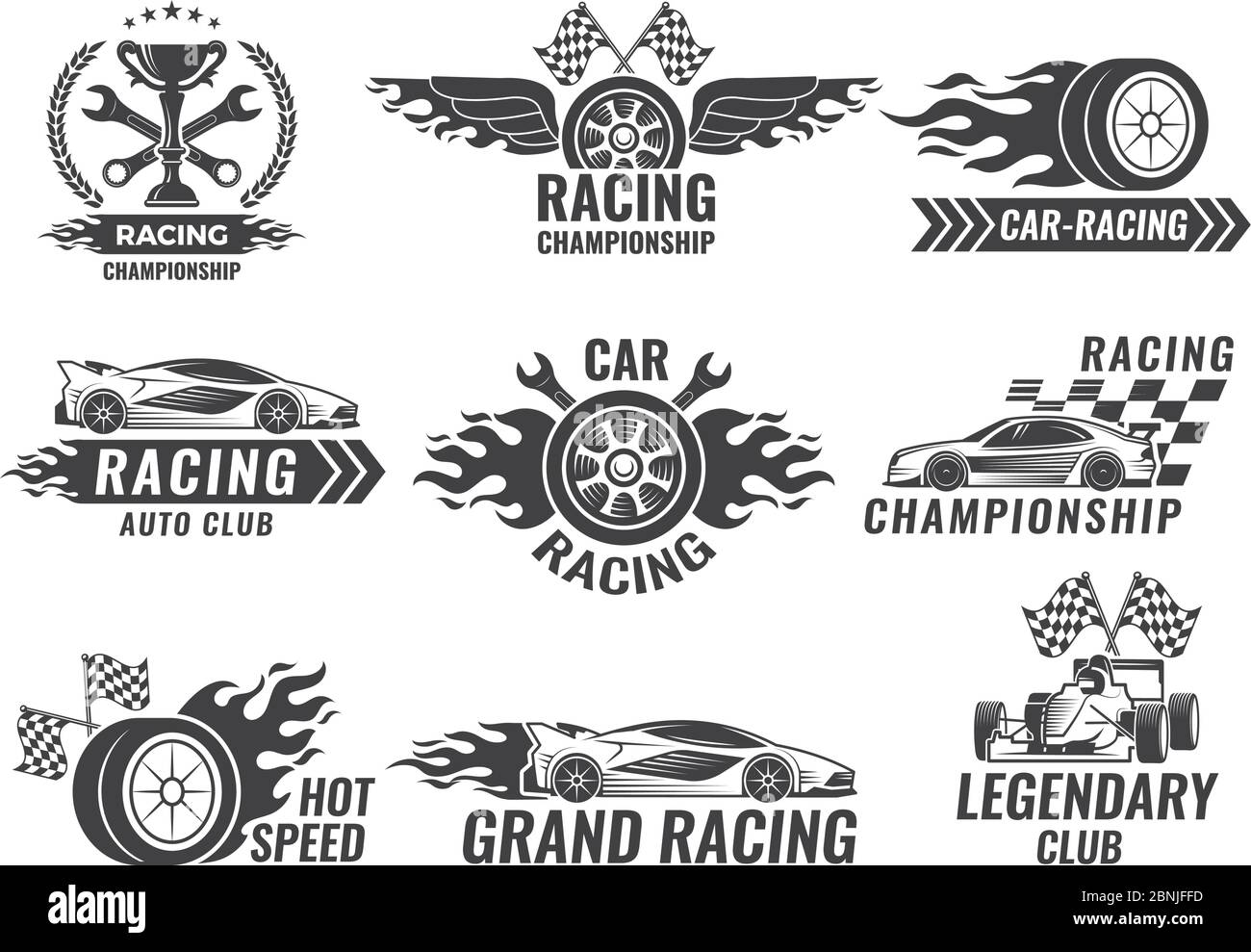 Étiquettes et badges monochromes d'étiquettes de sport. Voitures de course Illustration de Vecteur