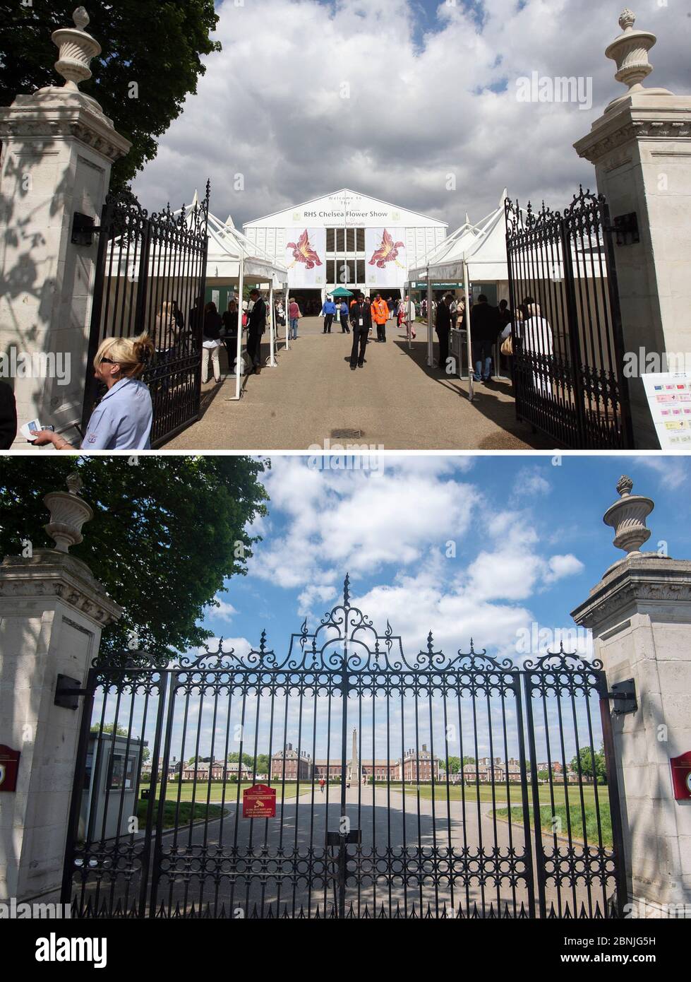 Image composite montrant les portes du domaine du Royal Hospital Chelsea à Londres lors du salon des fleurs de Chelsea le 20/05/08 (en haut) et aujourd'hui (en bas), alors qu'il serait habituellement occupé avec des travaux de construction avant l'ouverture. Banque D'Images