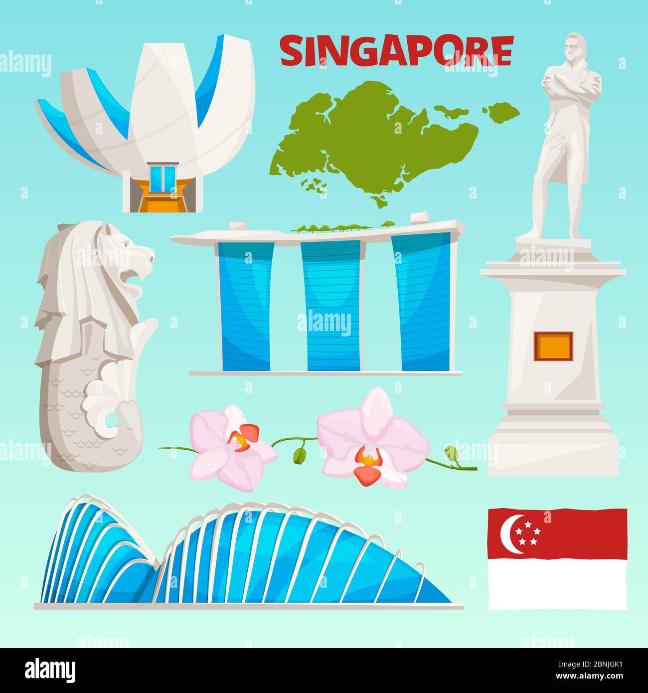 Sites emblématiques de singapour. Les objets culturels de dessin animé s'isolent sur blanc Illustration de Vecteur