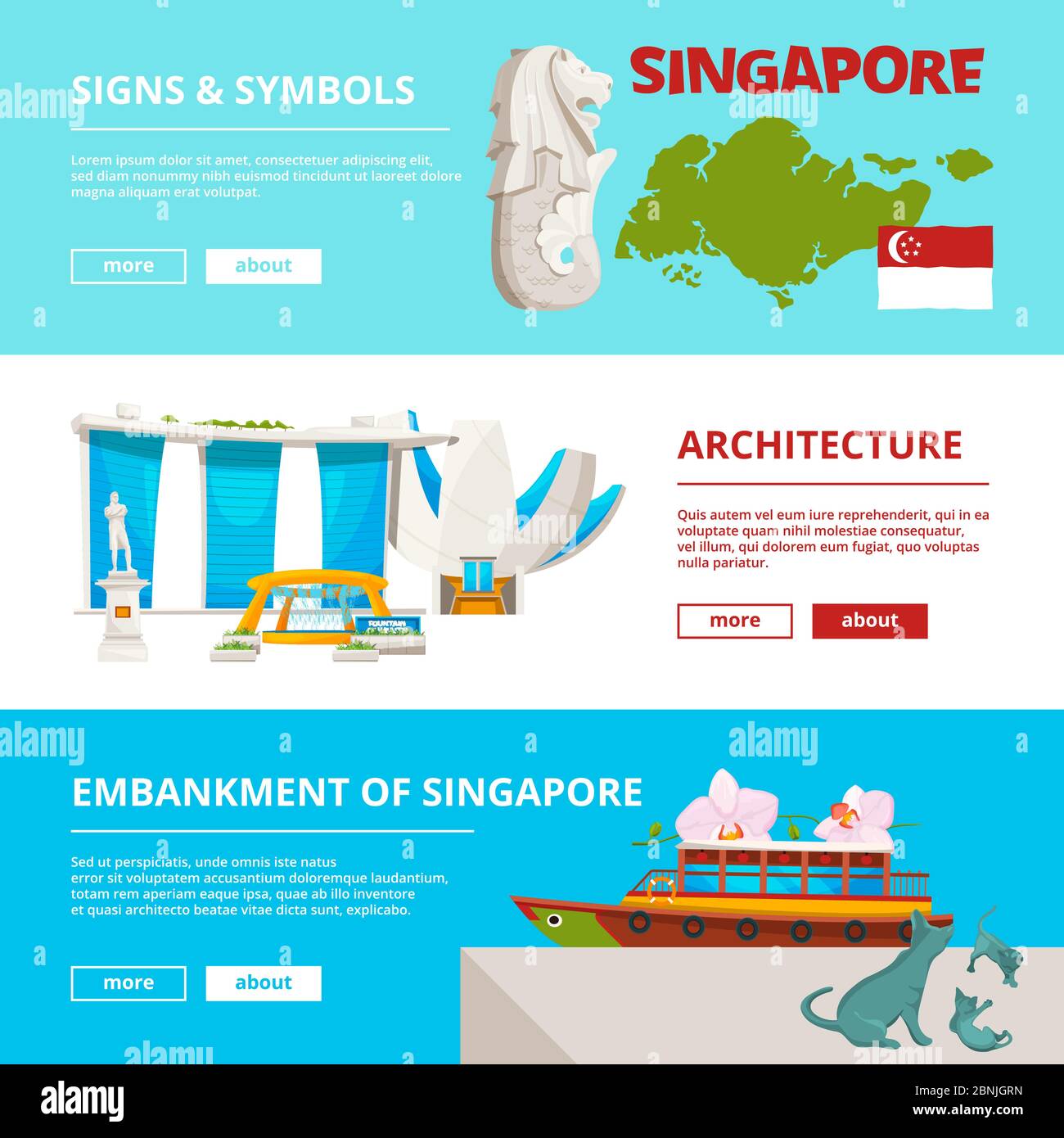 Modèle de bannières avec objets culturels et sites de singapour Illustration de Vecteur