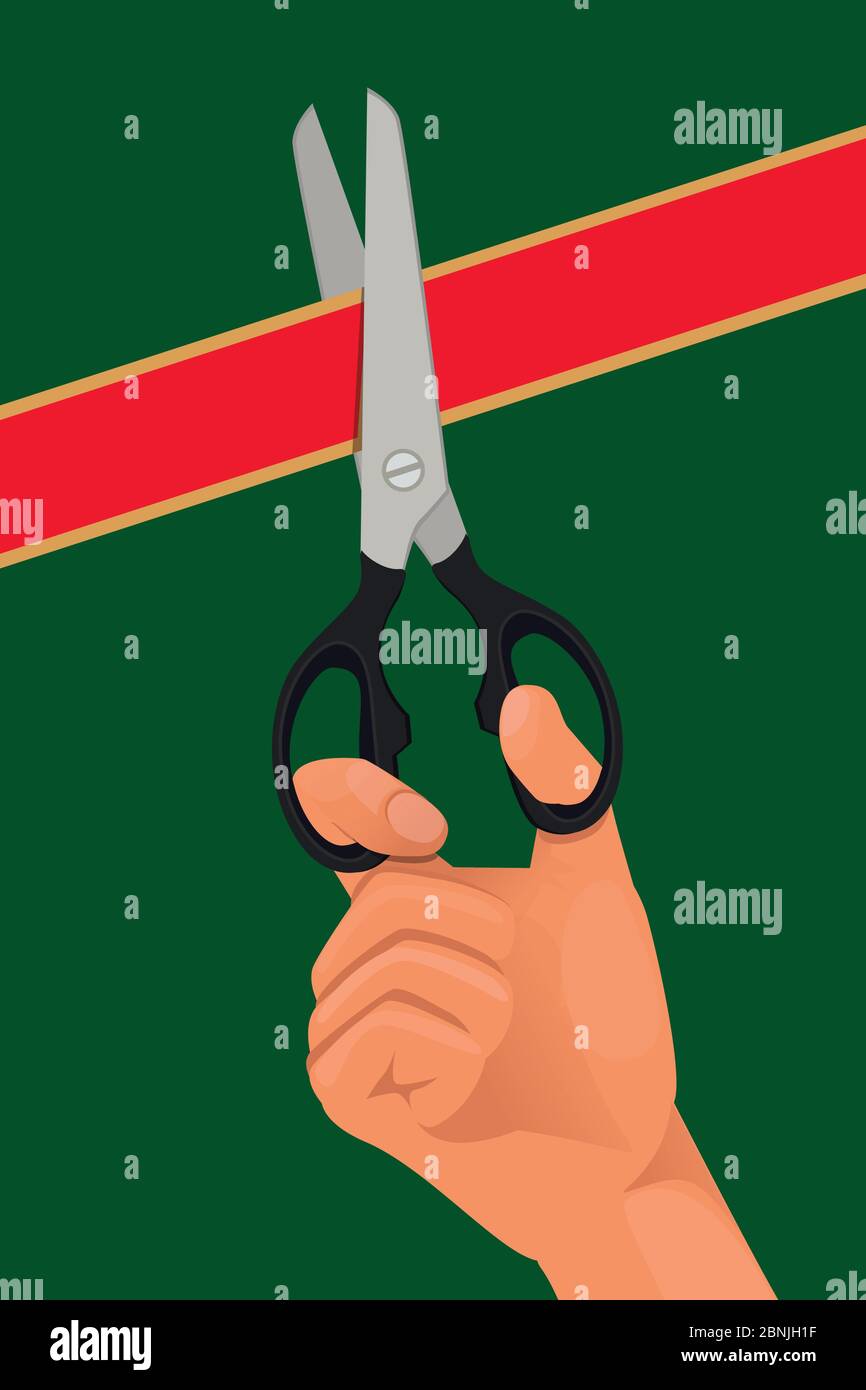 À la main, coupez le ruban rouge avec les ciseaux Illustration de Vecteur