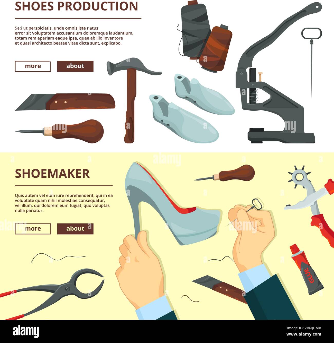 Modèle de conception de bannières avec outils de réparation de chaussures Illustration de Vecteur
