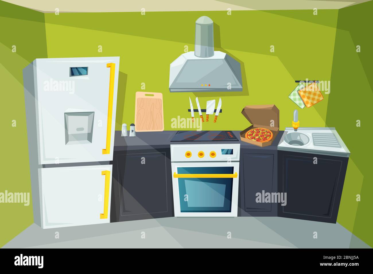 Illustration de dessin animé de l'intérieur de la cuisine avec divers meubles modernes Illustration de Vecteur