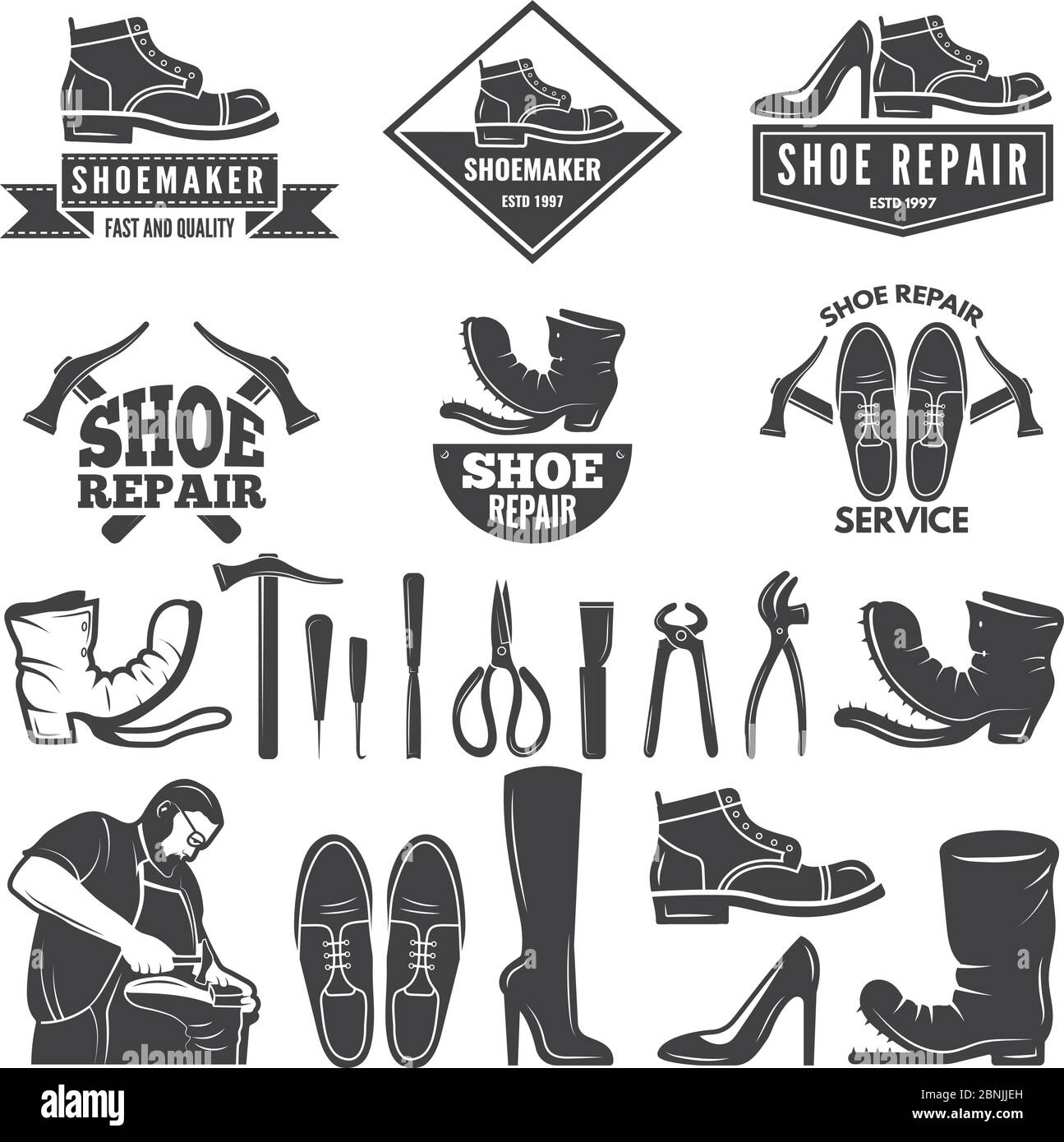 Illustrations monochromes de divers outils pour la réparation de chaussures. Étiquettes ou logos pour l'usine de vêtements Illustration de Vecteur